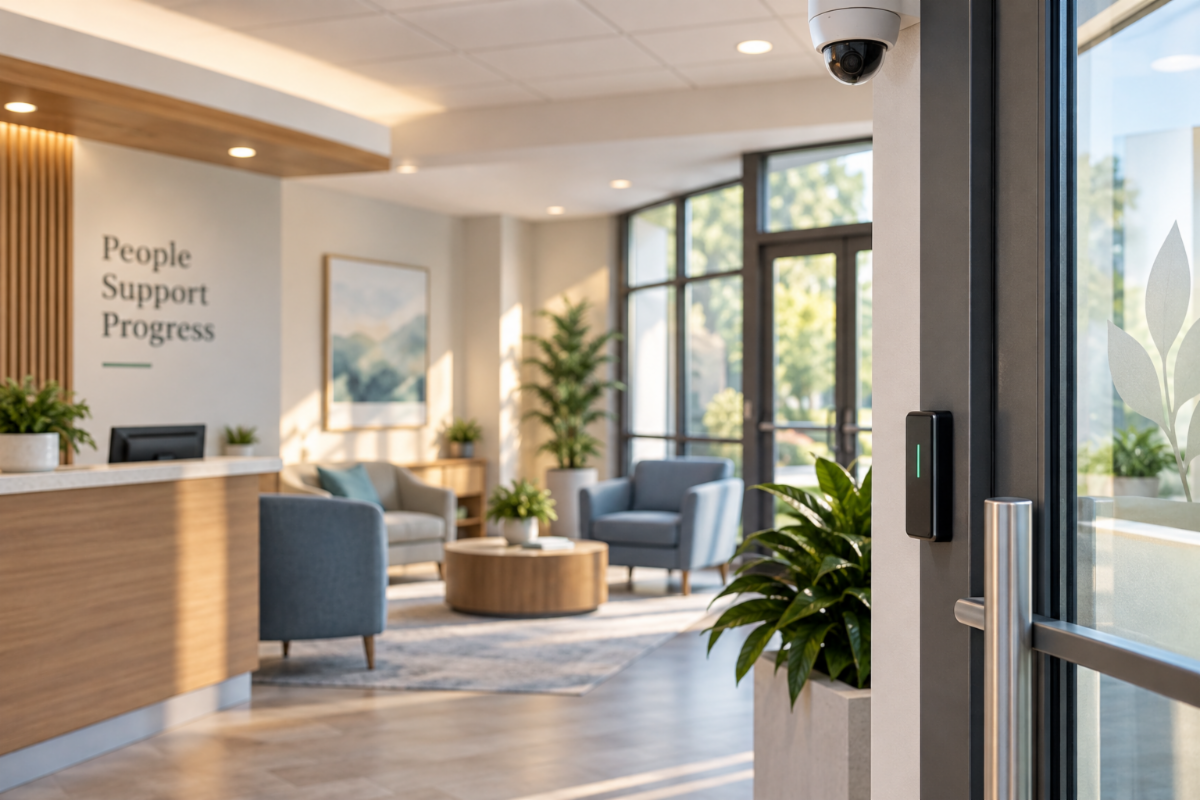 Behavioral health facility entrance with security camera and access control