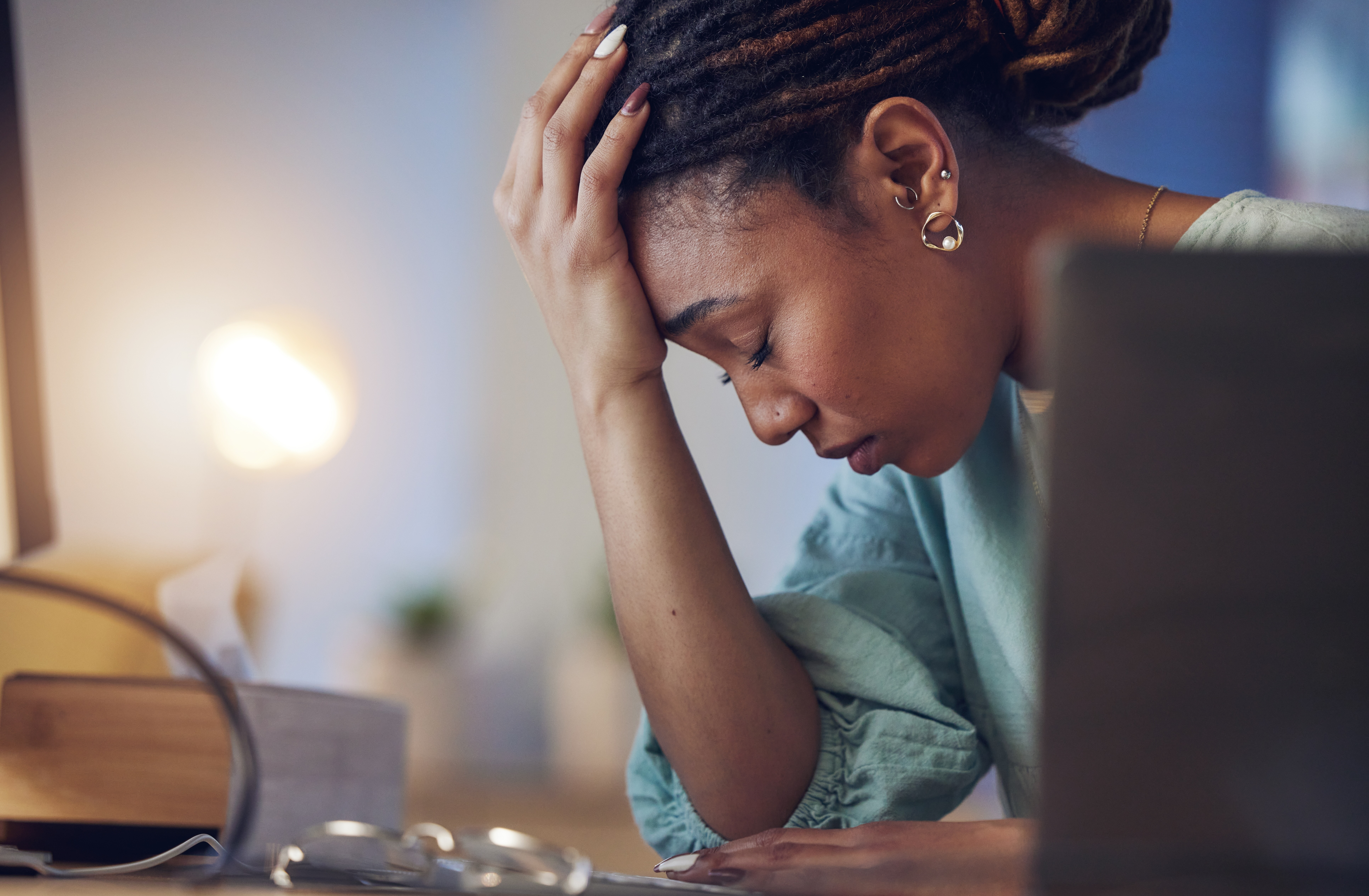Business,Woman,,Depression,And,Stress,In,An,Office,At,Night Preventable patient harm