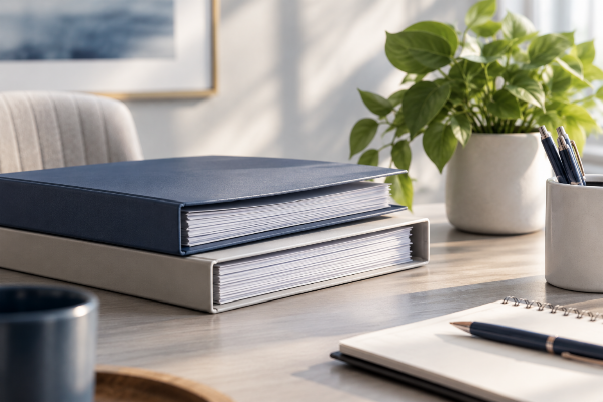 Accreditation and regulatory reference binders on a desk