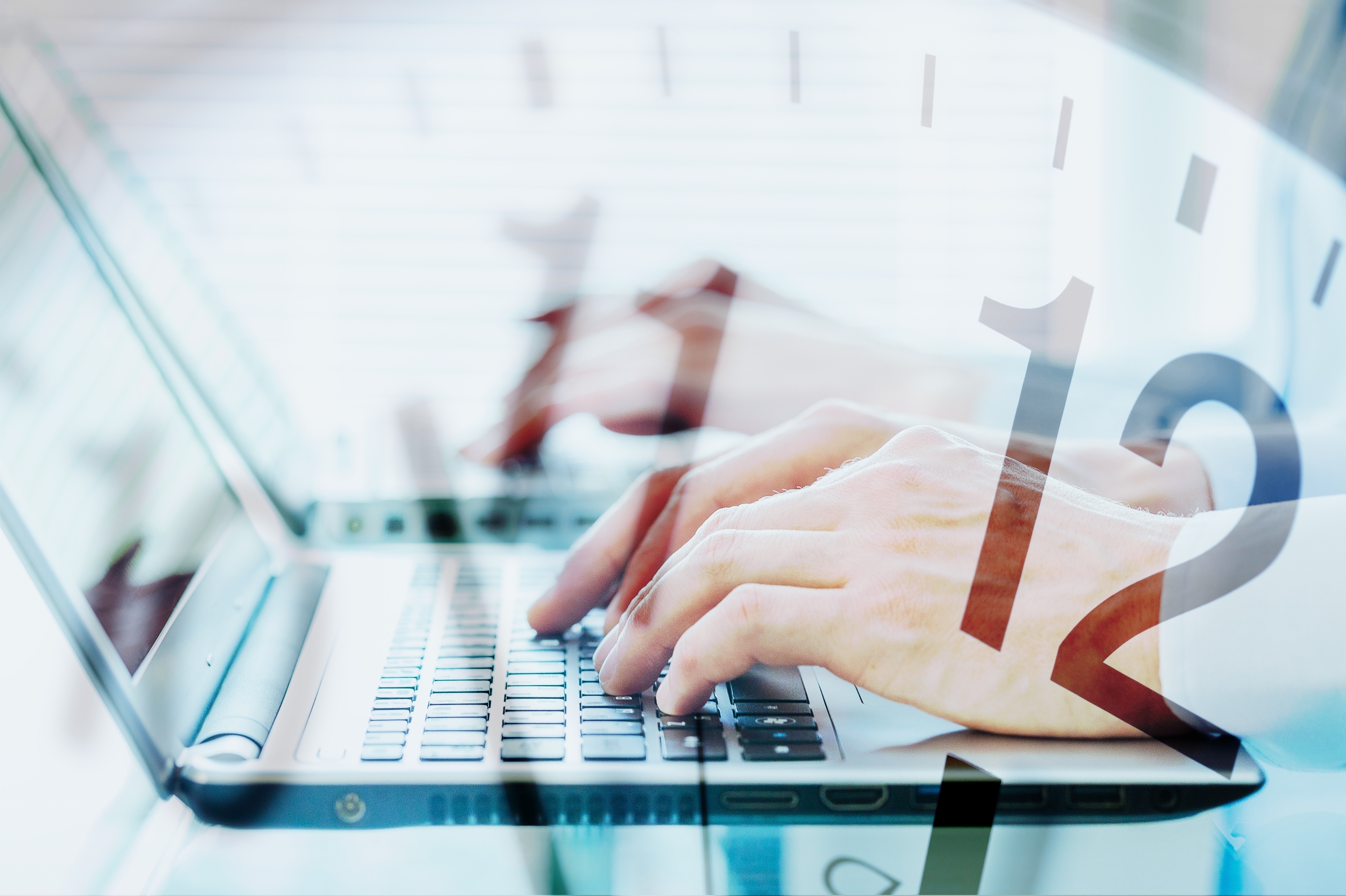 Business person work on computer and clock, double exposure.
